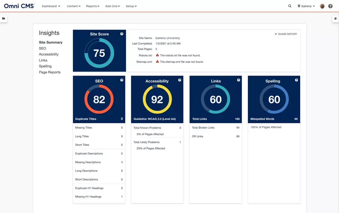 Omni CMS Insights is a web accessibility checker that scans for accessibility issues on your site and recommends fixes.